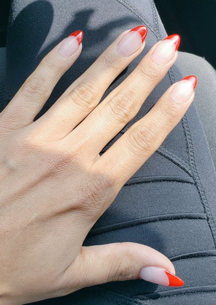 Almond Shaped Nails W Red French Tips