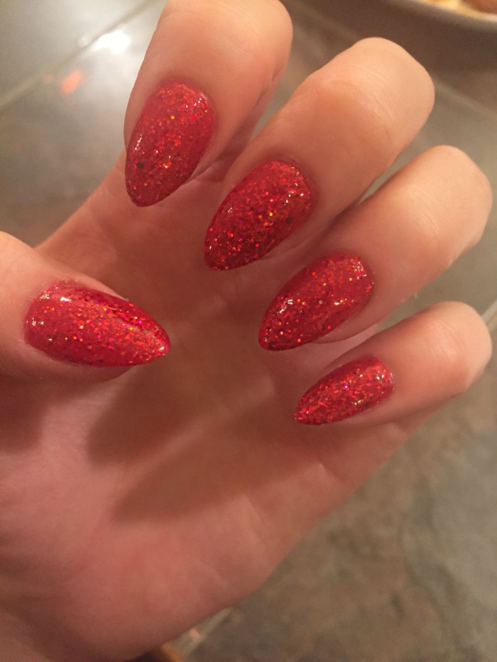 Sparkly Red Almond Nails