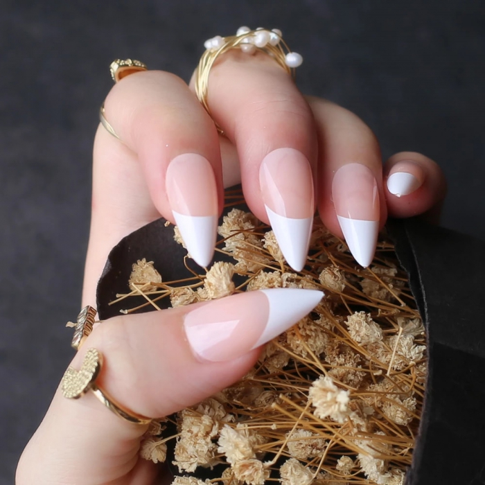 Long Stiletto Nails White Tip Nude French Fasle Nails Sheer White