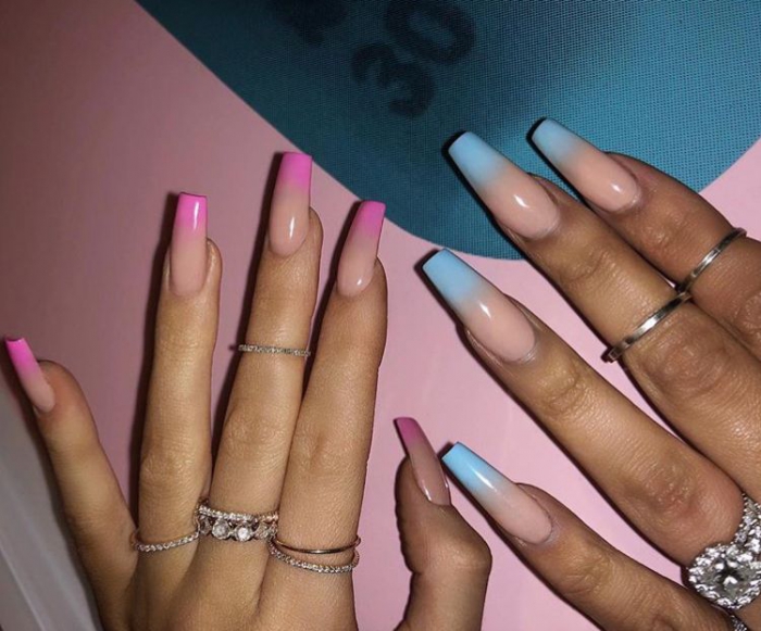 Nails Kylie Jenner Ombre Blue Pink Rings Long Nails