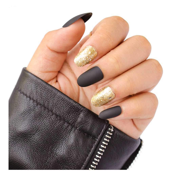 Amazoncom Fstrend Fake Nails Matte Black Bling Gold Sequins Full