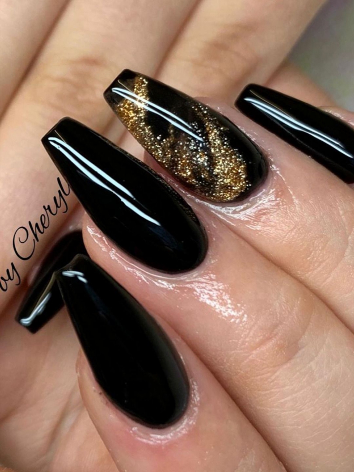 Cute Black Coffin Nails With Gold Glitter On Accent Nail Design
