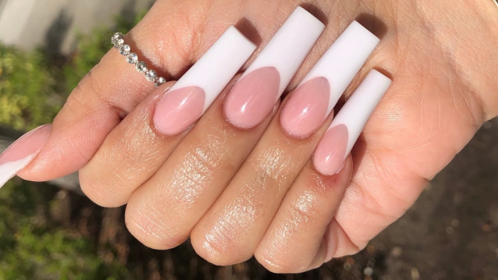 Long Tapered Square Pink And White French Tip Acrylic Nail