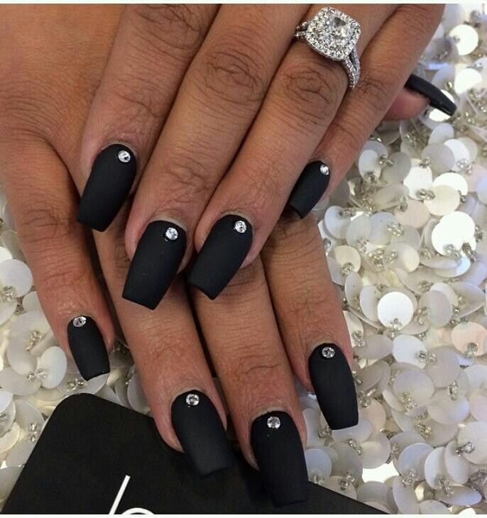 Love This Black Matte Nails With A Diamond Stone