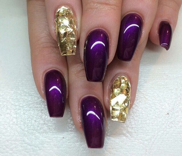 Purple Gold Coffin Nails