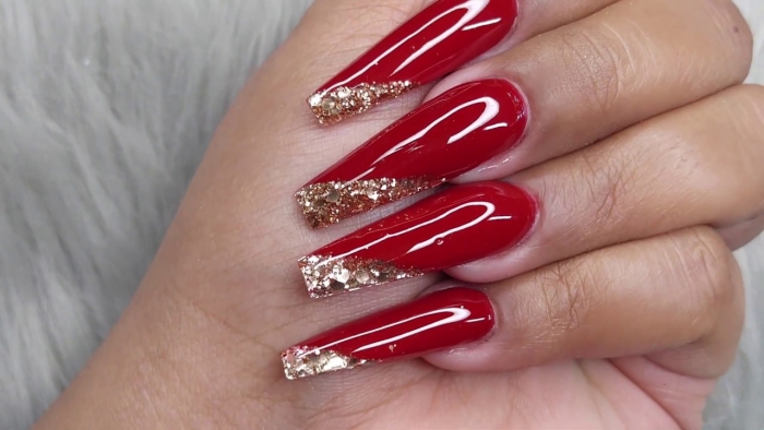 Red Gold Glitter Side French Acrylic Nails English