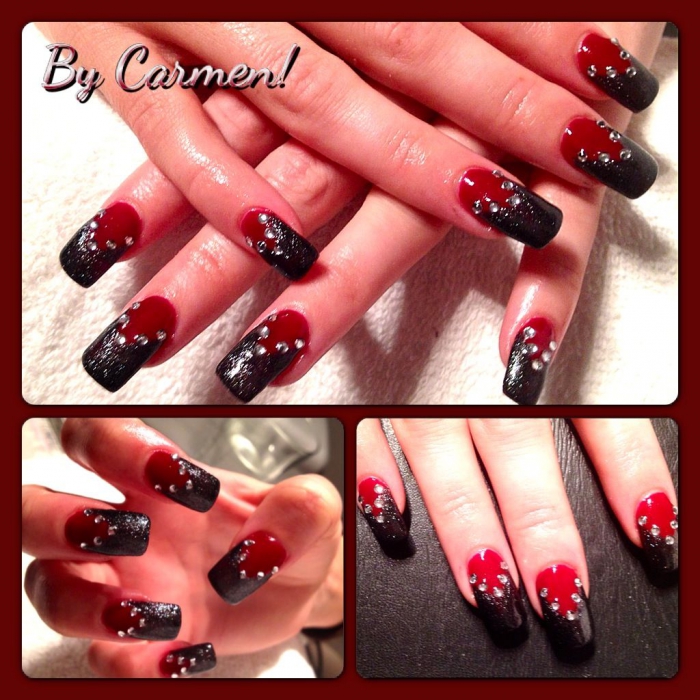 Red And Black Nails With Diamonds
