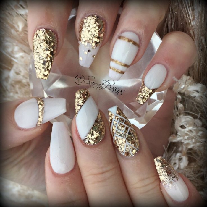 All White Coffin Nails With Gold