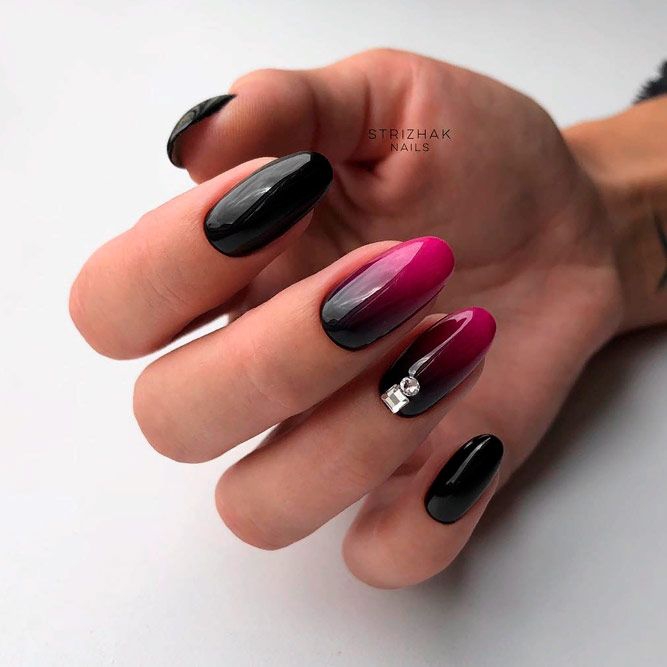Black And Hot Pink Ombre Nails With Accented Finger Blacknails