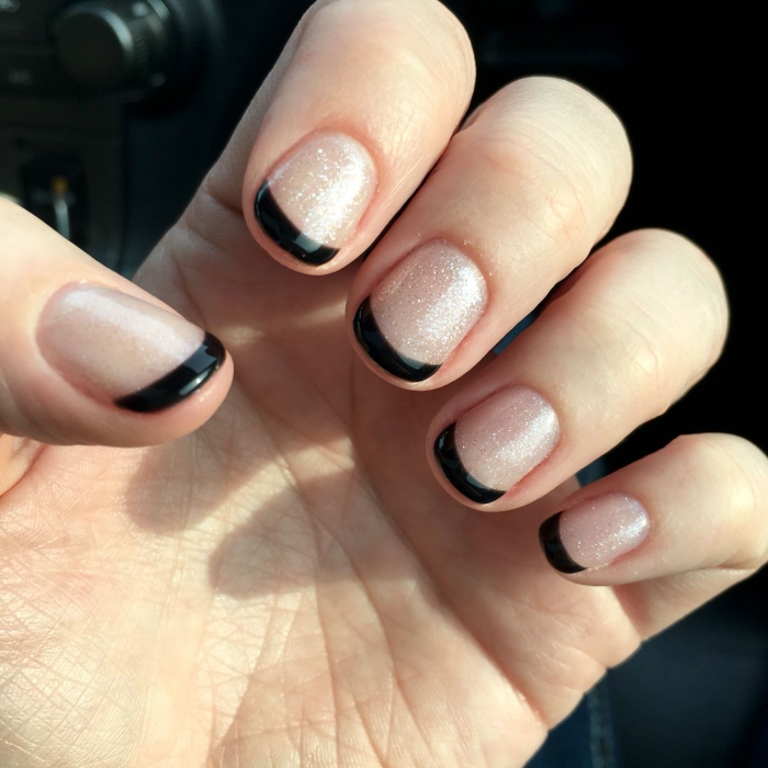 Black Tip French Manicure With Sparkles On Short Nails