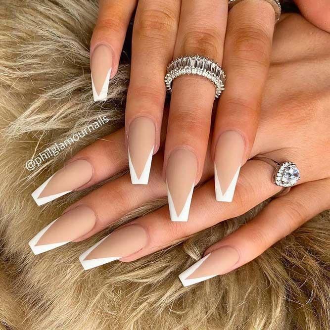 Coffin Tip Nails With White French Manicure Coffin Nail