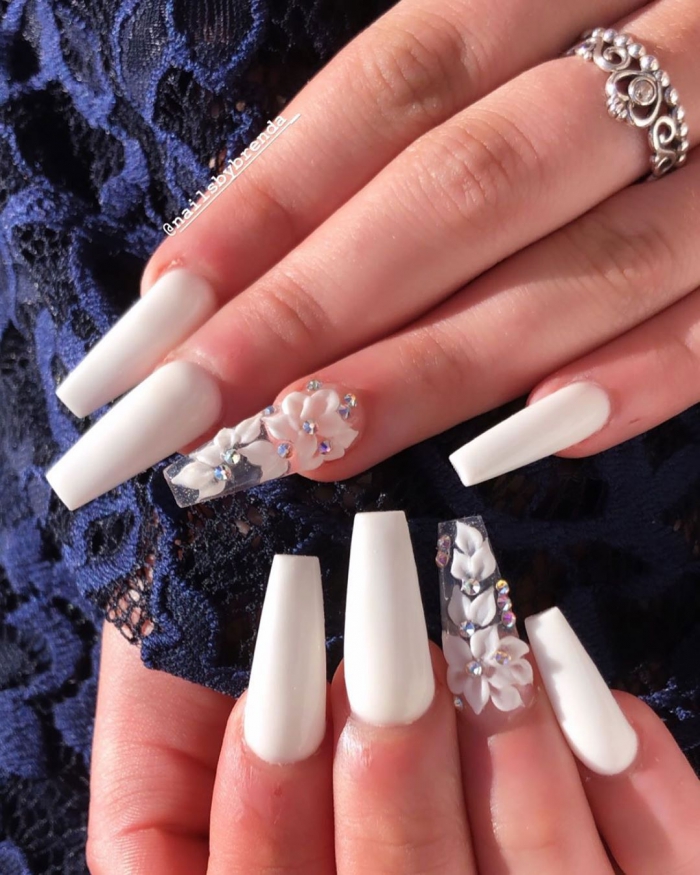 Cute White Coffin Nails Design With Accent Floral Nail