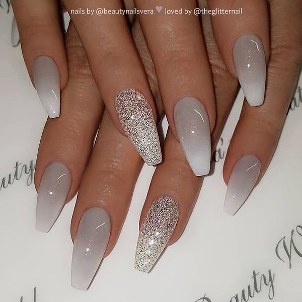 Grey To White Ombre And Glitter On Coffin Nails Nail
