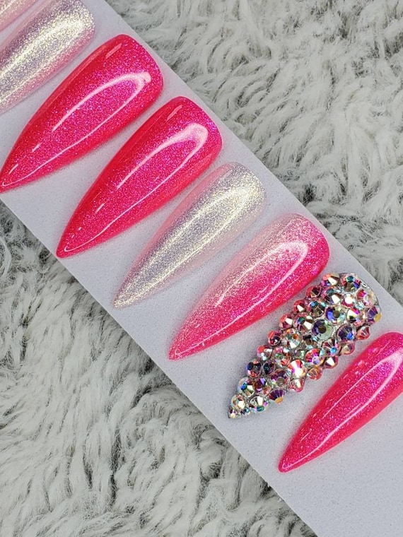 Neon Pink Bling Nails Glitter Barbie Hot Pink White Glitter