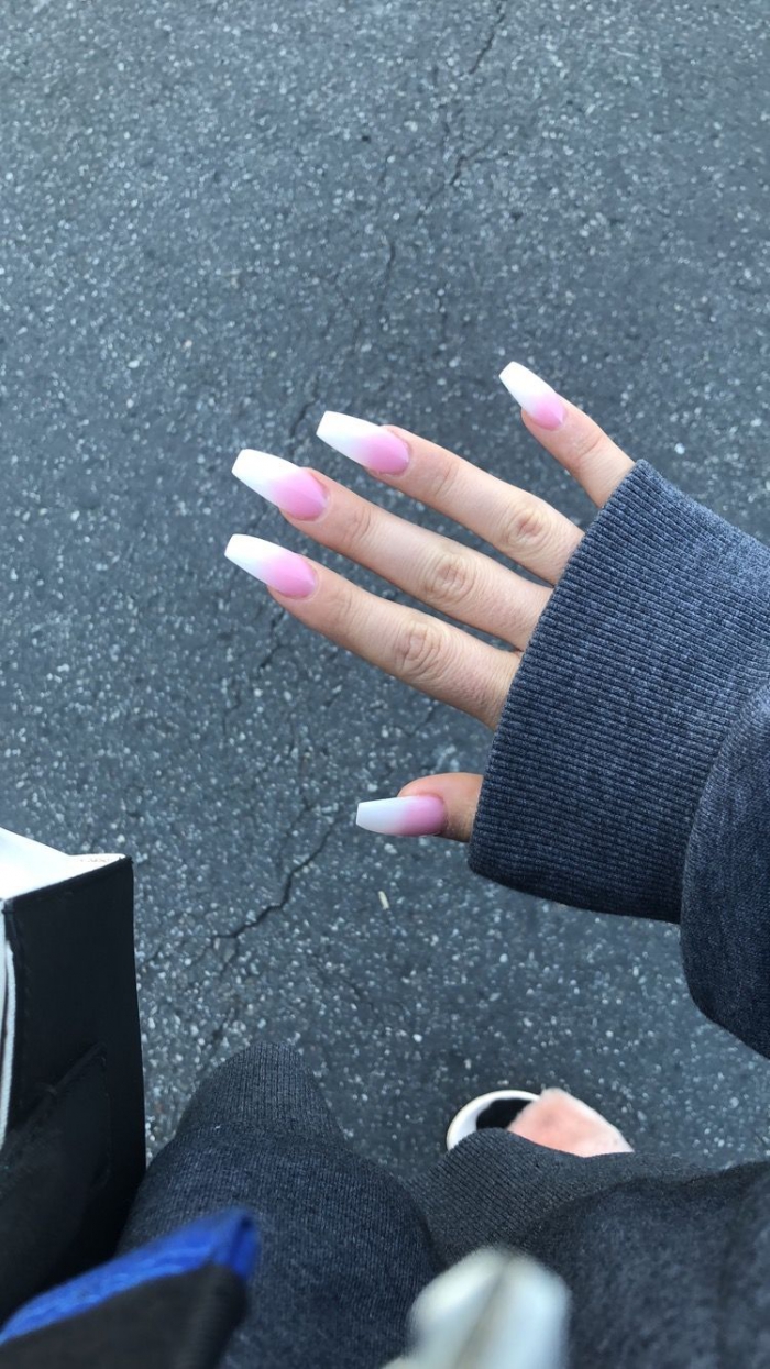 Pink And White Ombr Nails Acrylic Full Set Coffin Nails