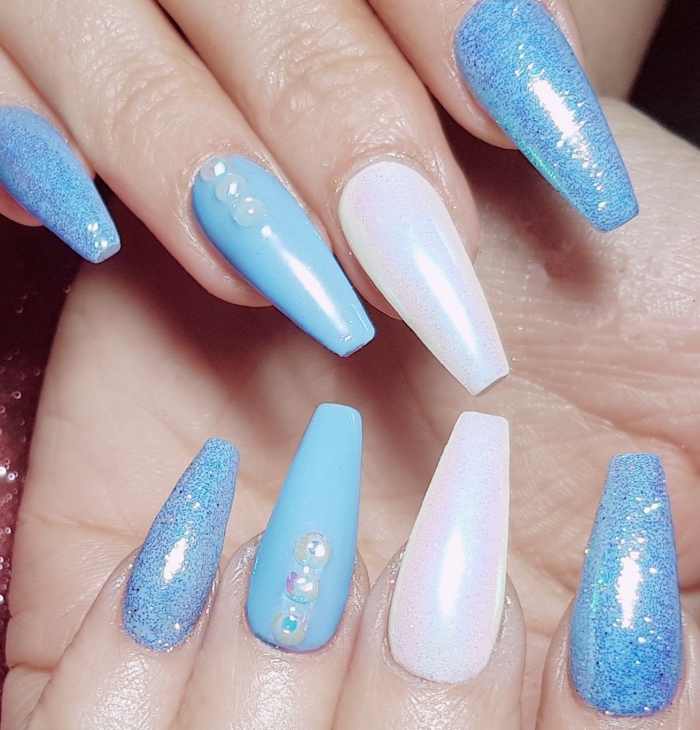 Sky Blue And White Acrylic Sculpted Nails With Glitter And Gems