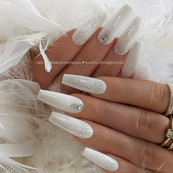 White Glitter And Crystals On Long Coffin Nails Nail
