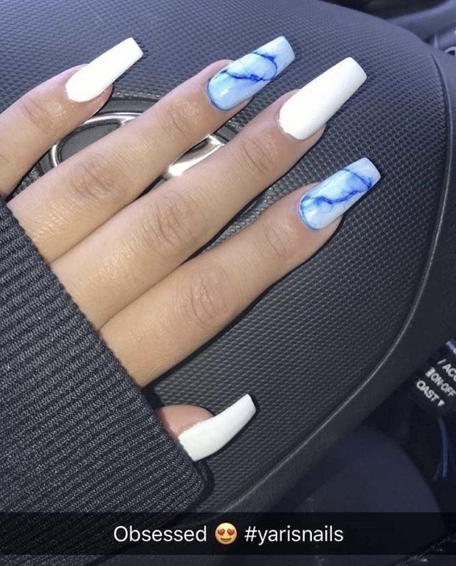 White And Blue Marble Nails