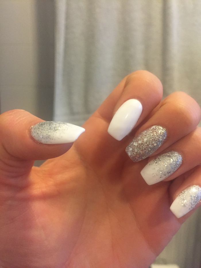 White And Silver Coffin Shape Nails
