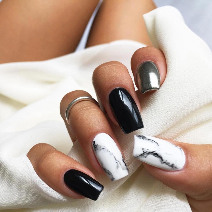 White Marble Black Silver Nail Designbeautiful Nails Mhenina