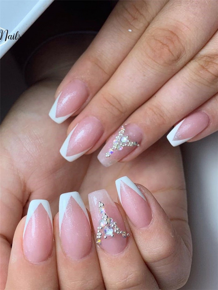 White Tip Coffin Nails With Diamonds
