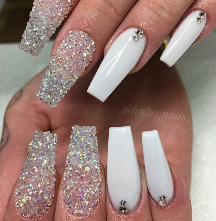 Coffin Nails White Nails Nails With Rhinestones Acrylic Nails