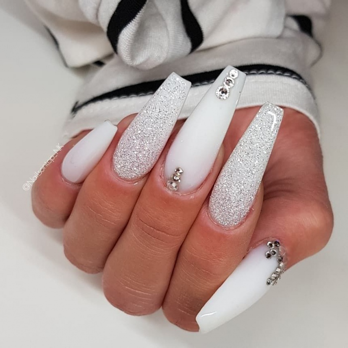 Milky White Nails With Diamonds