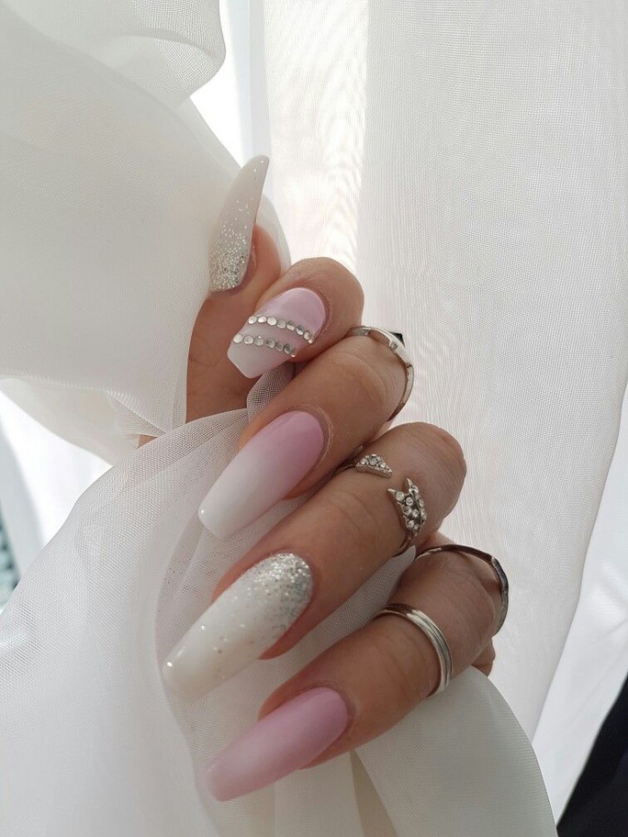 Nails Ombre White Pink Diamonds Glitter