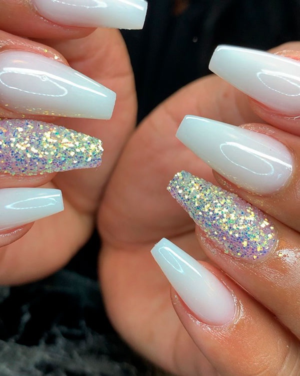 White Nails With One Glitter