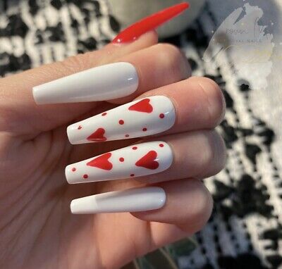 Custom Red White Heart Pres On Nails Long Coffin P Nails W
