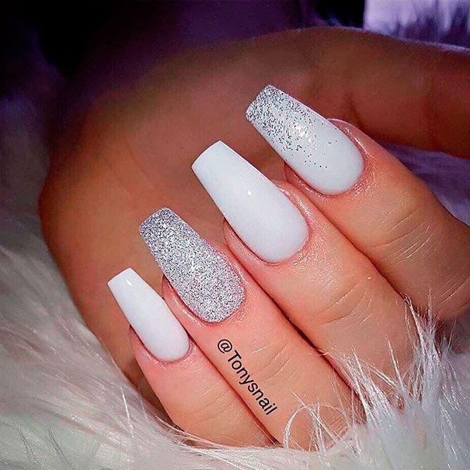White Acrylic Nails With Glitter