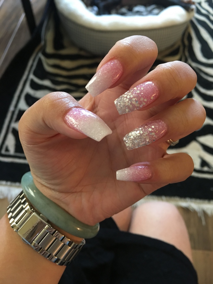 White And Pink Ombre Glitter Coffin Nails