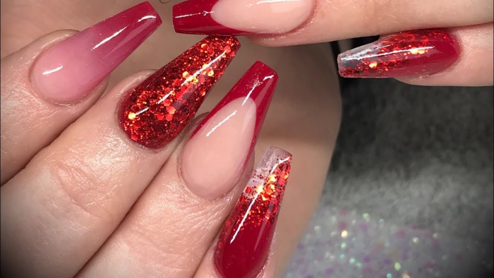 Red Acrylic Nails With Glitter