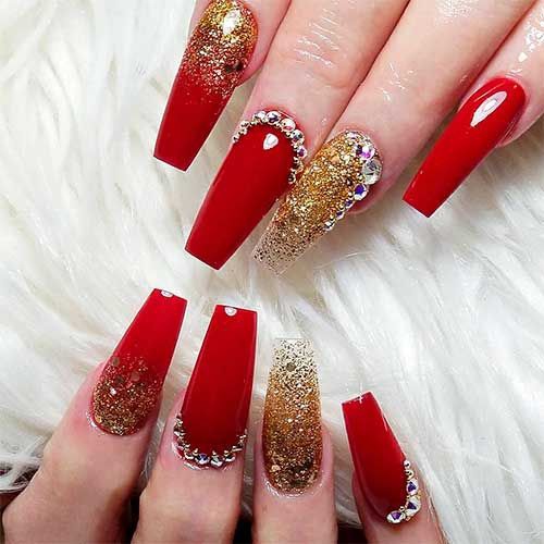 Red Gold Nails With Rhinestones – Nails Design Ideas