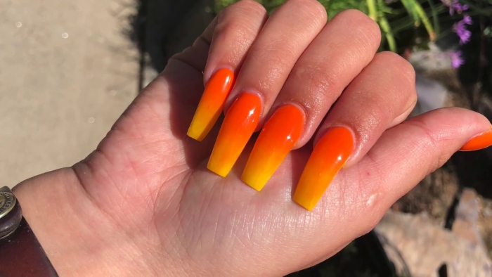 Orange Colored Ombre On Long Coffin Nails