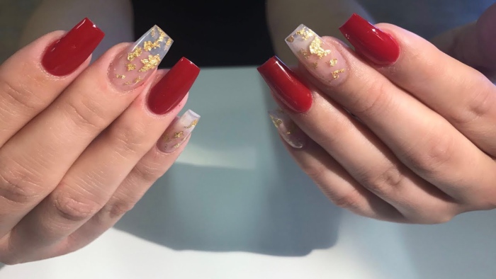 Red Nails With Gold Flakes