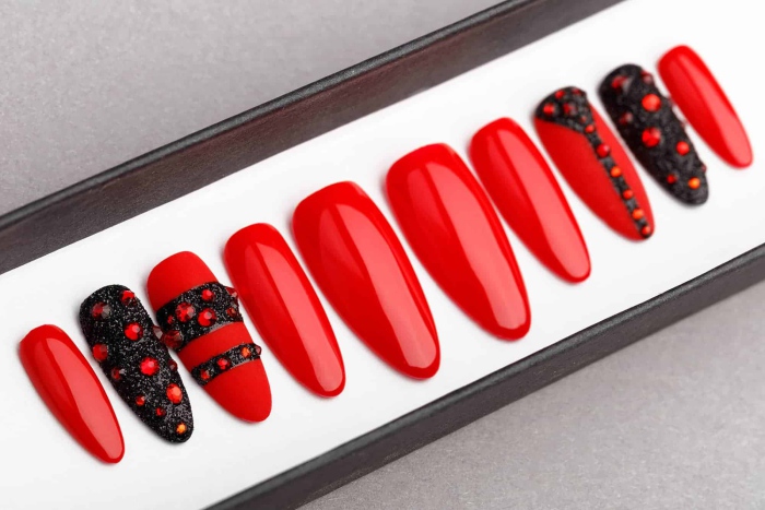 Red Black Nails With Rhinestones
