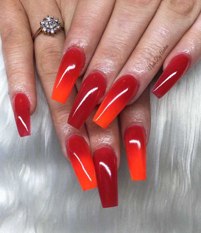 Red And Orange Ombr Acrylic Nails In