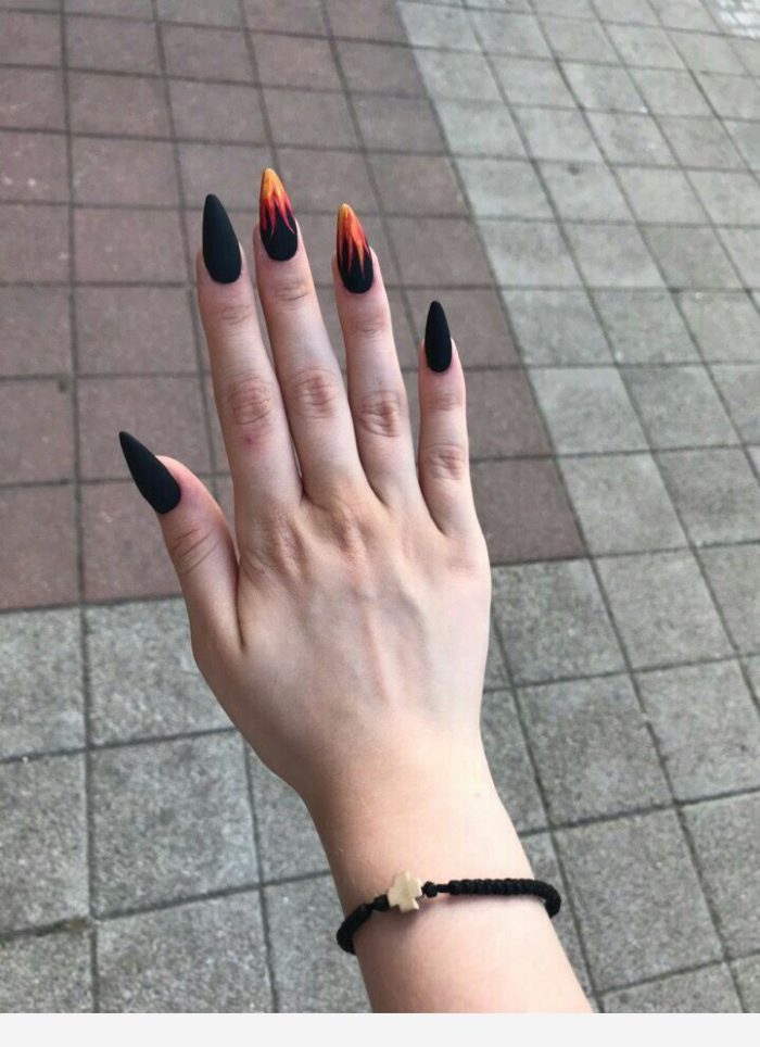 Black Nails Orange Flames