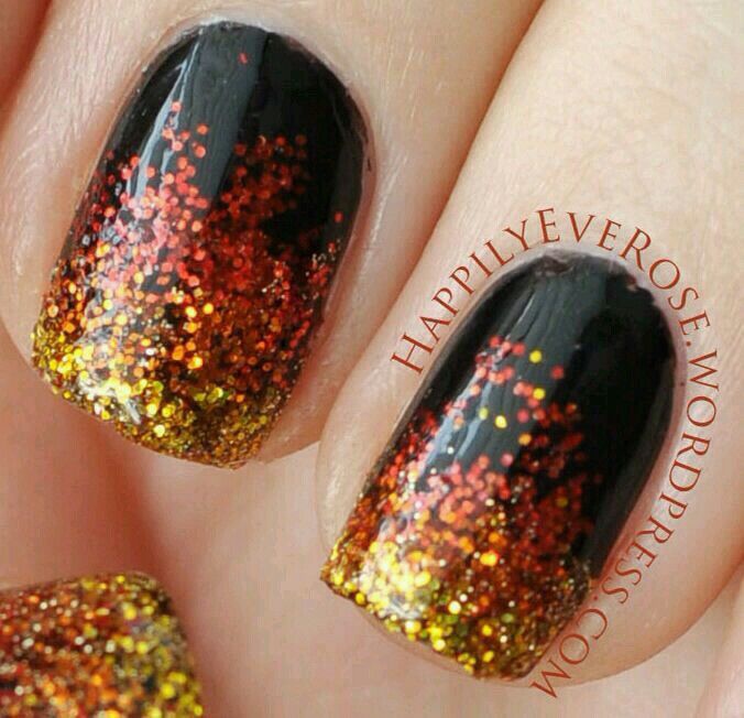 Black With Orange Yellow Glitter Halloween Themed Nails