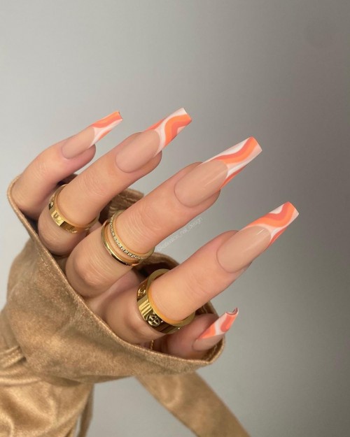 Colored French Tip Nails Orange Swirl Tip Nails