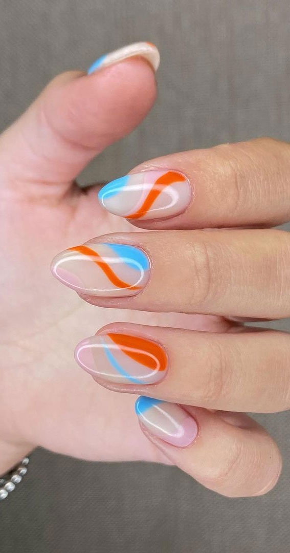 Coolest Summer Nails Blue And Orange Abstract Line Nails