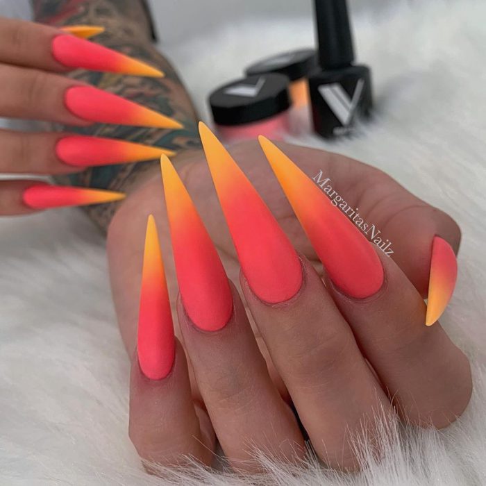 Coral Orange Pink Ombr Matte Chrome Stiletto Nails Glitter Bling