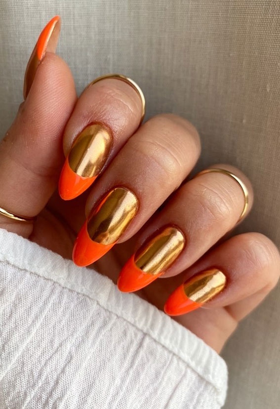 Cute Coloured French Tip Nail Ideas Gold Nails With Orange Tips