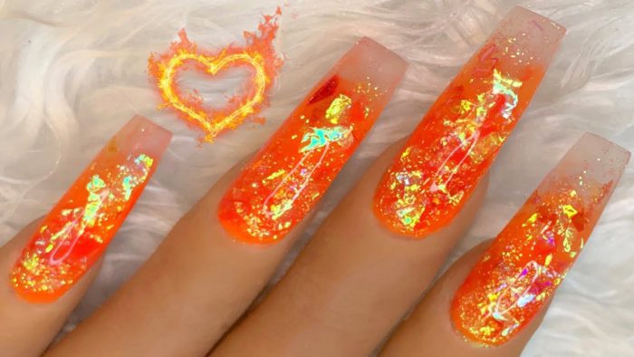 Fire Opal Orange Long Square Acrylic Nails W Glass Tip