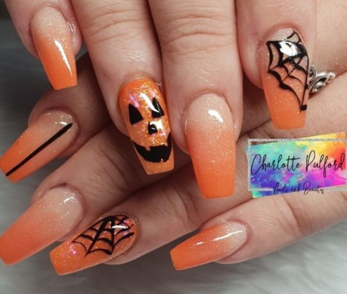 Halloween Nails Ombre Coffin Design Spooky Pumpkin Cobwebs Orange