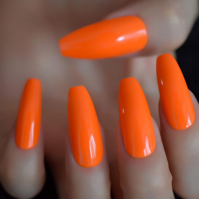 Hot Neon Orange Long Coffin Nails Amazing Glossy Gel Polish Cover