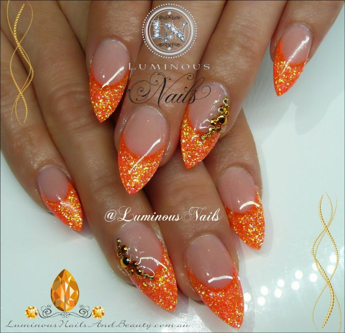 Luminous Nails Glittery Neon Orange Nails