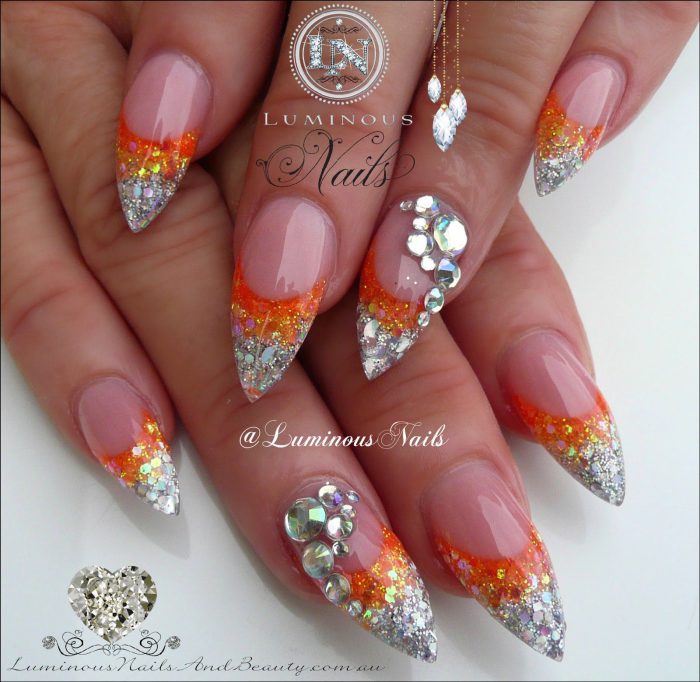 Luminous Nails Orange Silver Glitter Acrylic Nails With Bling