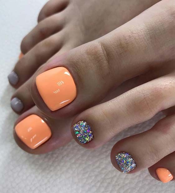 Neon Orange And Glitter Toe Nail Design For Summer
